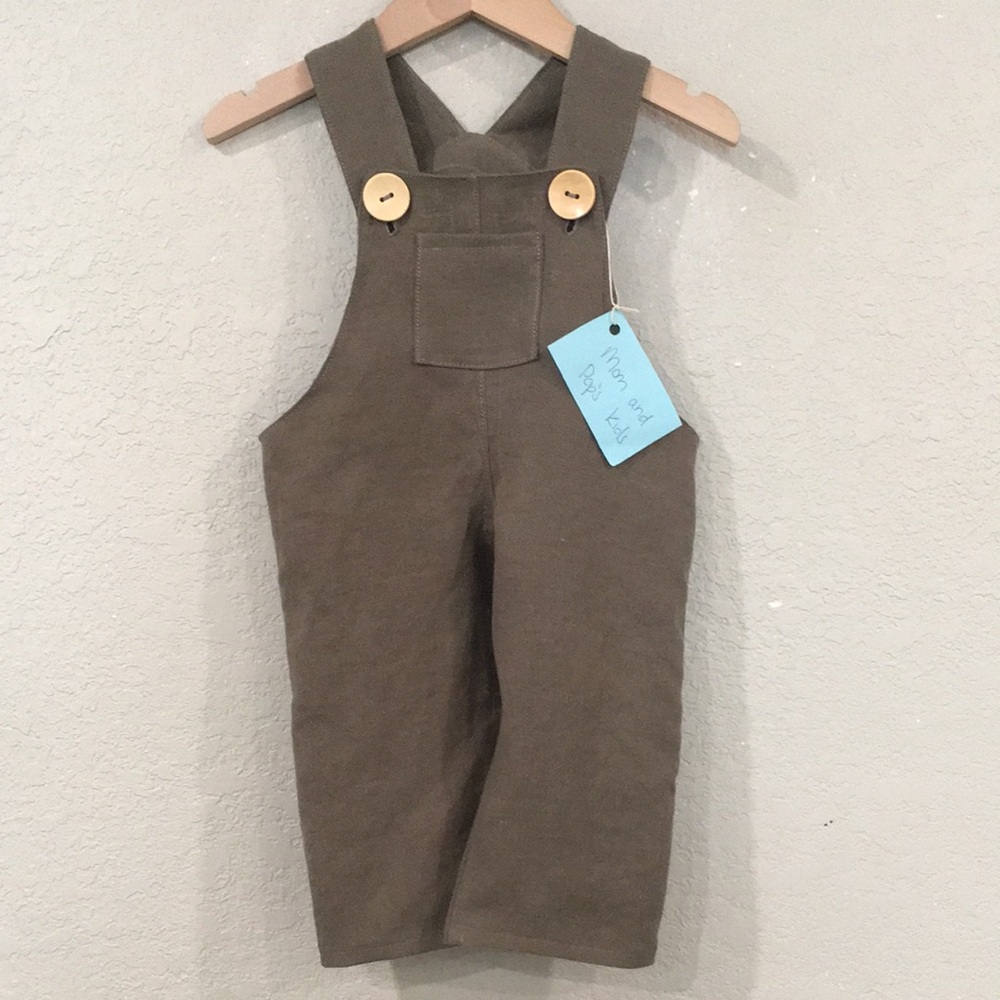 Overalls 100% Linen Baby 6M Green Designer Minimalist Unisex Mom and Pop’s Kids - Picture 1 of 9